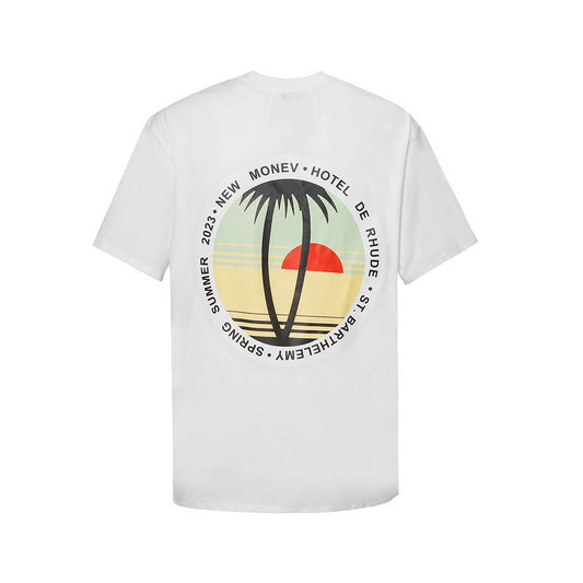 Rhude T-shirt Sunset Coconut Alphabet Print Short Sleeve T-shirt